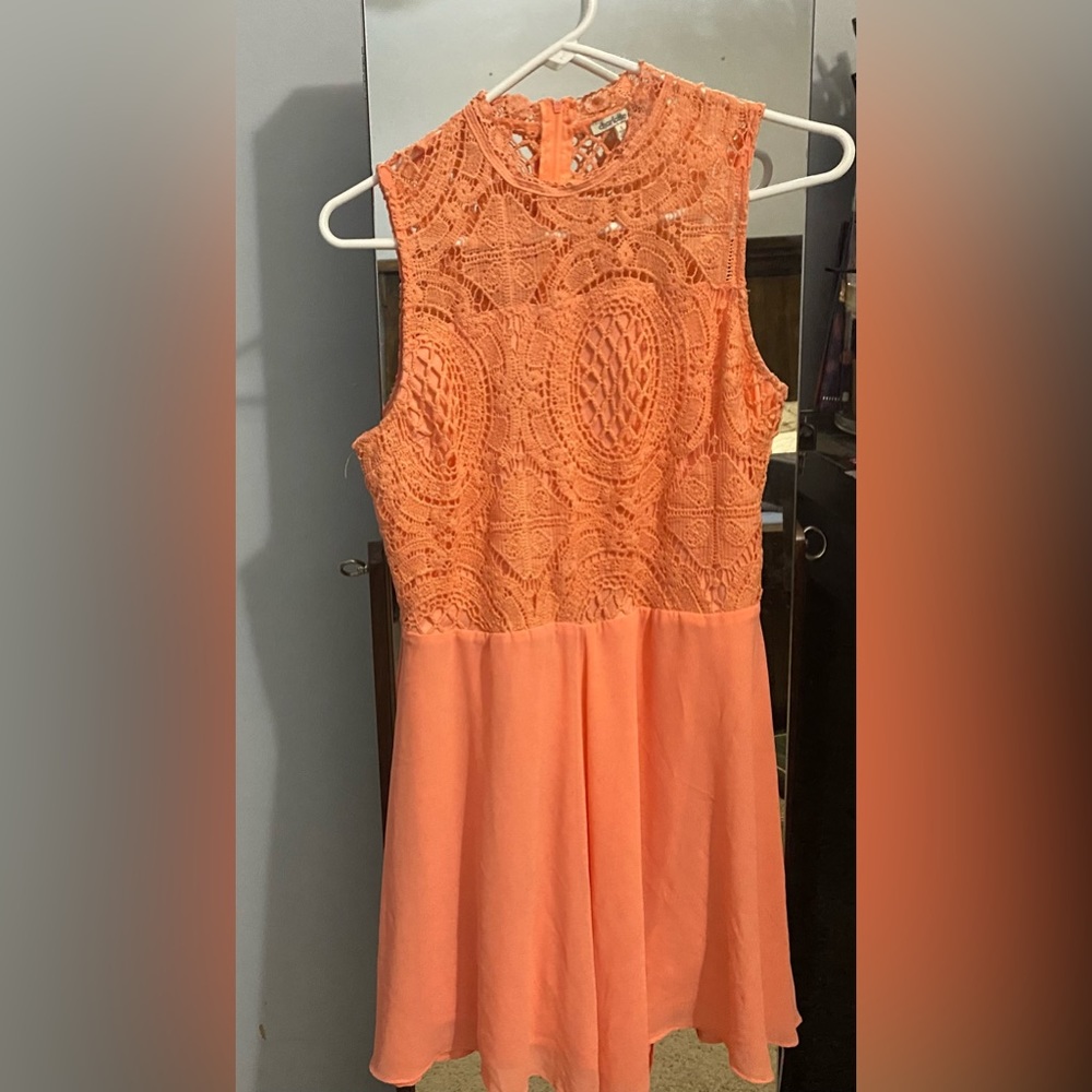 Charlotte Russe Women's Vibrant Coral Lace Top Sheer Romper